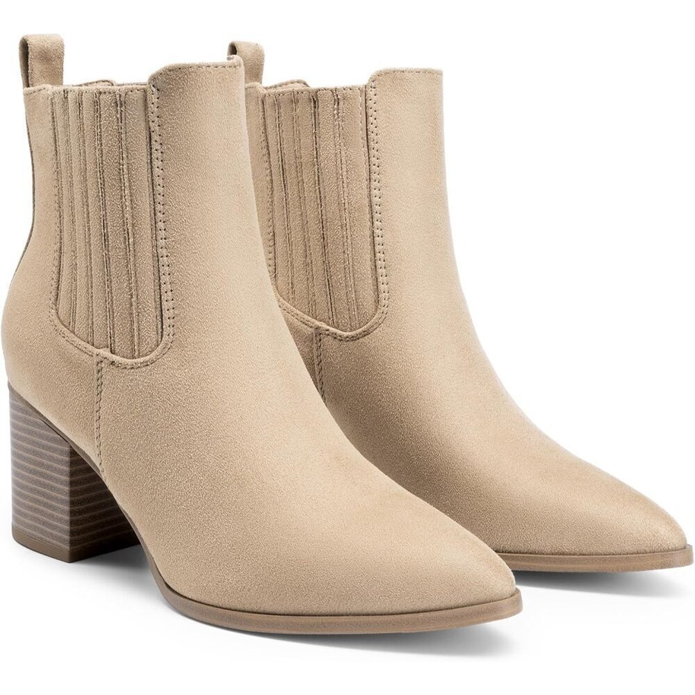 Women's Nude Pointed Toe Ankle Boots Chunky Block Heel Bootie Fall - Picture 4 of 8